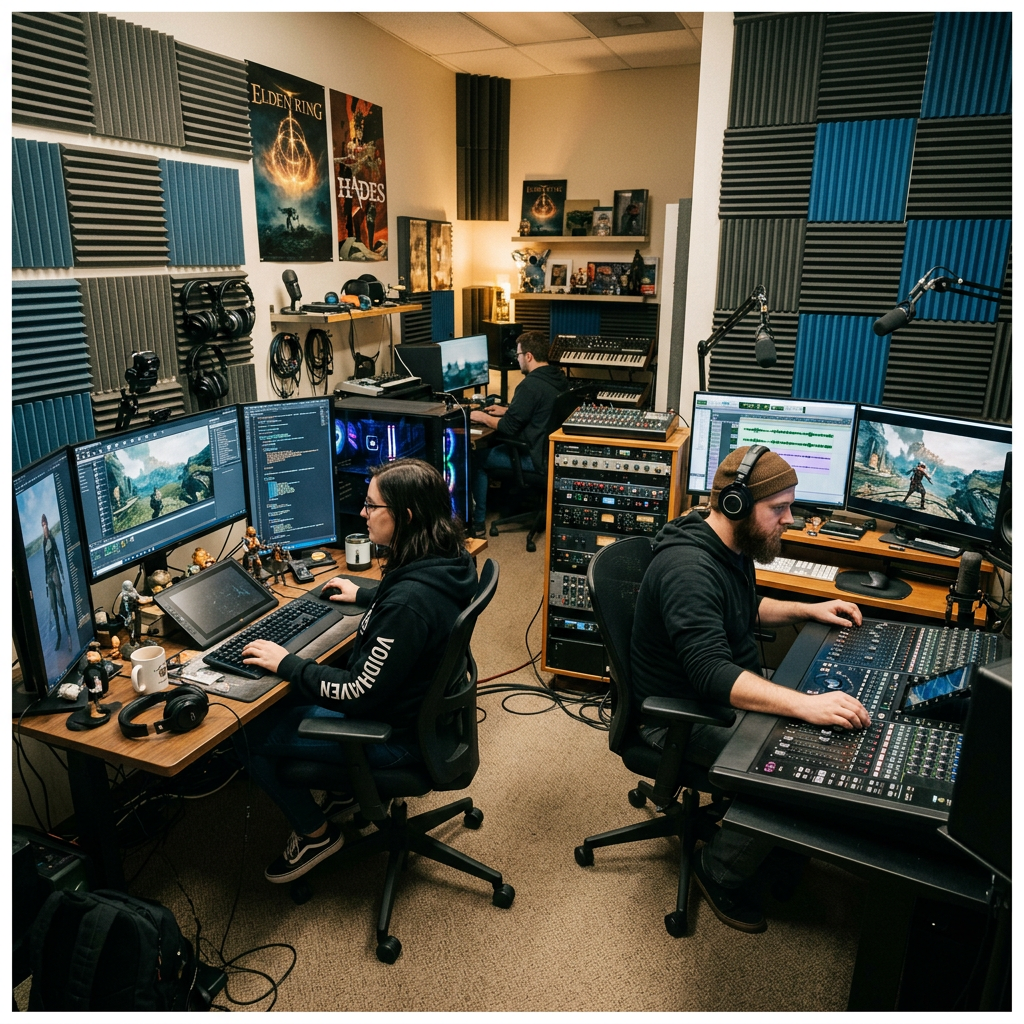 Three people working in a soundproofed studio with computers, audio mixing console, and game development software